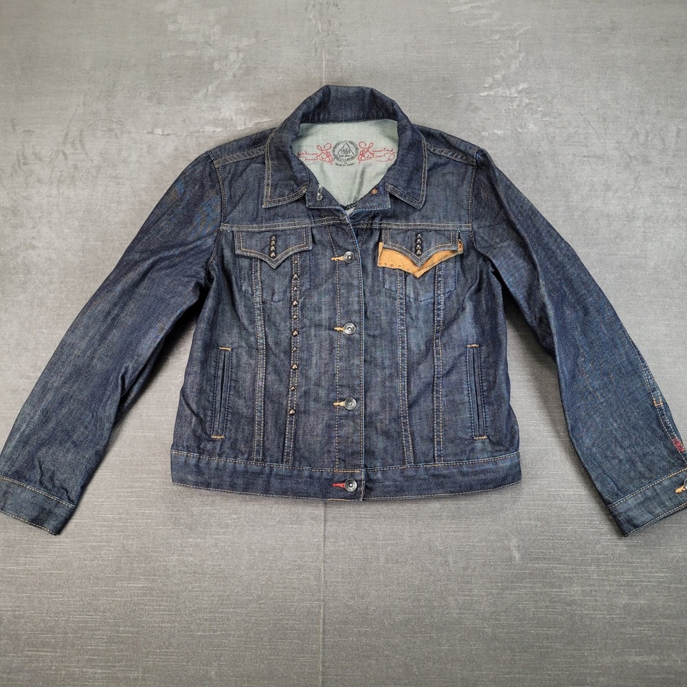 GAP 1969 Limited Ed Y2K Womens Denim Jacket Distressed Leather Patchwork Sz Lg‎